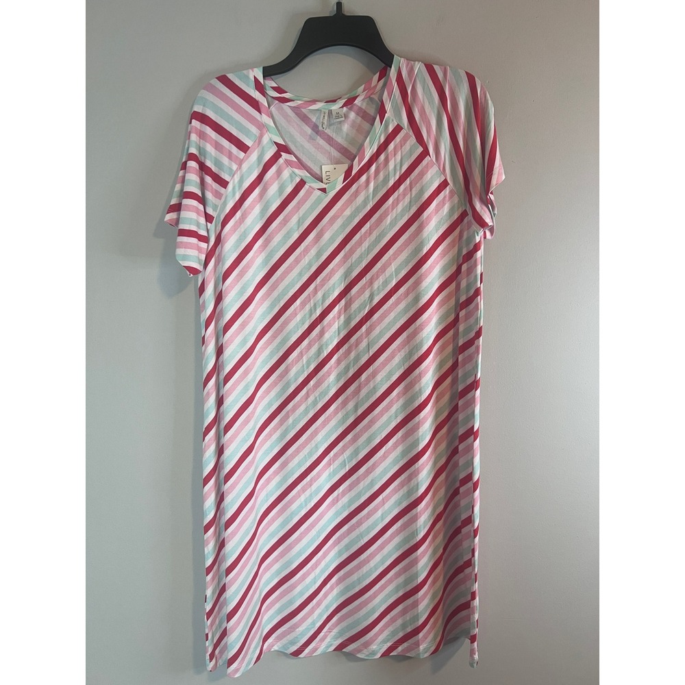 Live Well Sleep Womens Medium Pink Mint Green Striped V-Neck Nightgown NWT